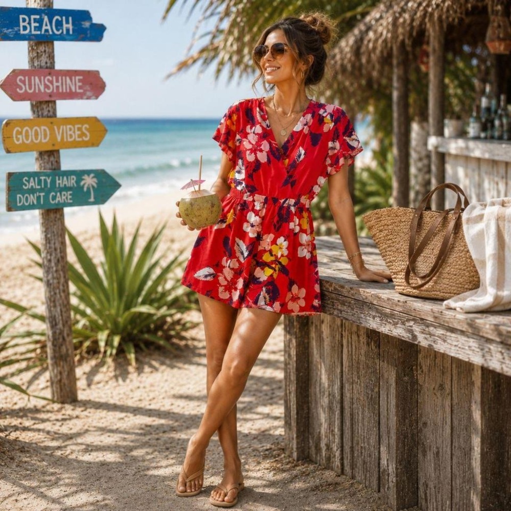 Flowy Red Orange Floral Romper Playsuit XL NWT V-Neck Beach Casual Resort Cruise
